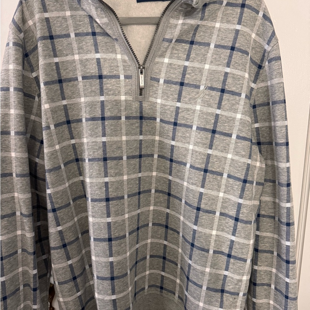 Nautica Men's Gray and Blue Checkered Zip-Up Sweater